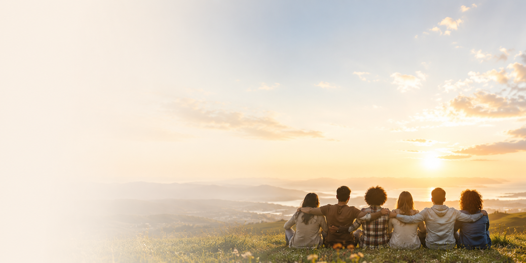 Group of friends sitting together on a hilltop watching the sunset